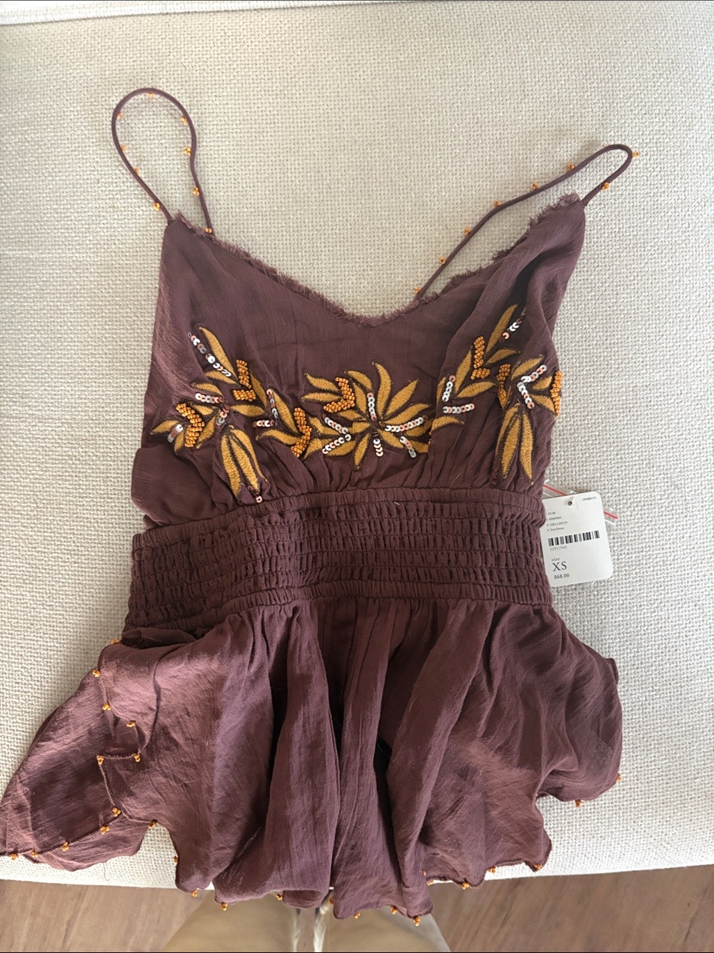 Free People Brown Tank Top with Yellow Embroidery